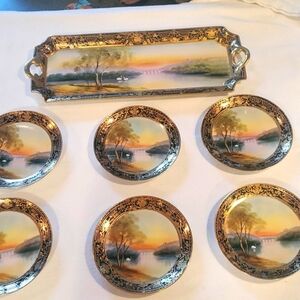 Nippon Vintage Antique Enamel & Moriage Hand Painted Desk Tray w Swans & 6 Plate